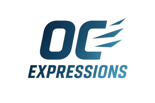 Create a simple yet, clean sports oriented logo for OC Expressions using a gradient of Navy and Light 